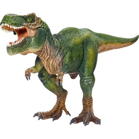 Grün-braune T. rex-Dinosaurierfigur mit geöffnetem Maul und sichtbaren Zähnen vor weißem Hintergrund.