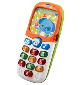 Buntes Spielzeugtelefon mit Comic-Tier auf dem Display und großen, mehrfarbigen Tasten.