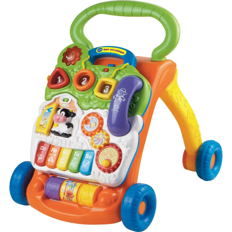 Bunter Babywalker mit Aktivitätsfeld, Tasten, Rädern, Klaviertasten und einem Spielzeugtelefon vorne.