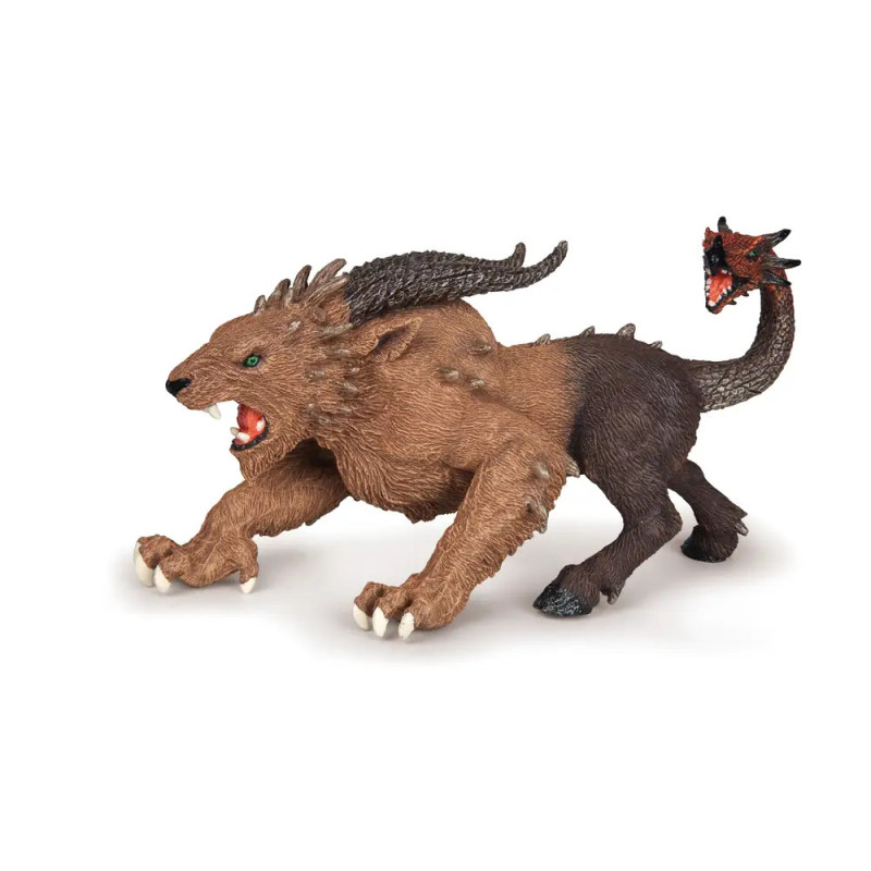 Eine Chimärenfigur mit Löwenkörper, Ziegenhörnern und schlangenartigem Schwanz mit Drachenkopf.