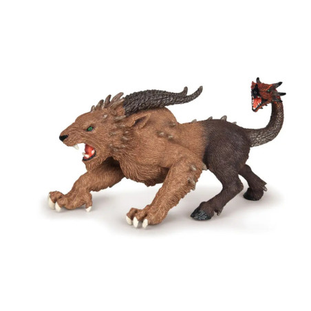 Eine Chimärenfigur mit Löwenkörper, Ziegenhörnern und schlangenartigem Schwanz mit Drachenkopf.