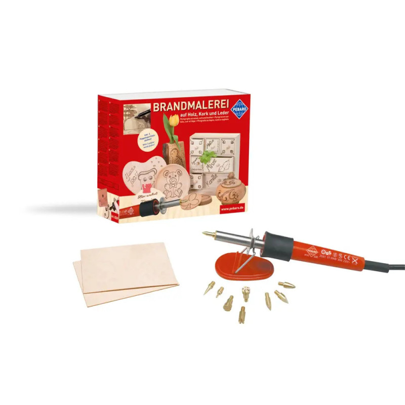 Brandmalerei-Set mit Brennwerkzeug, austauschbaren Spitzen, Holzplatten und farbiger Verpackung. Brandmalerei-Set mit Brennwerkzeug, austauschbaren Spitzen, Holzplatten und farbiger Verpackung.