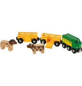 Holzeisenbahn mit grünem Zug, zwei gelben Tierwaggons und zwei Holz-Farmtieren.
