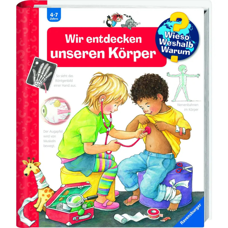 Zwei Kinder spielen mit Arzt-Spielzeug auf dem Cover eines deutschen Kinderbuchs über den menschlichen Körper.