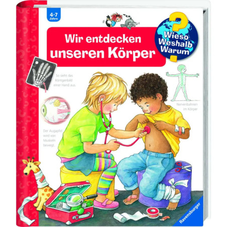 Zwei Kinder spielen mit Arzt-Spielzeug auf dem Cover eines deutschen Kinderbuchs über den menschlichen Körper.