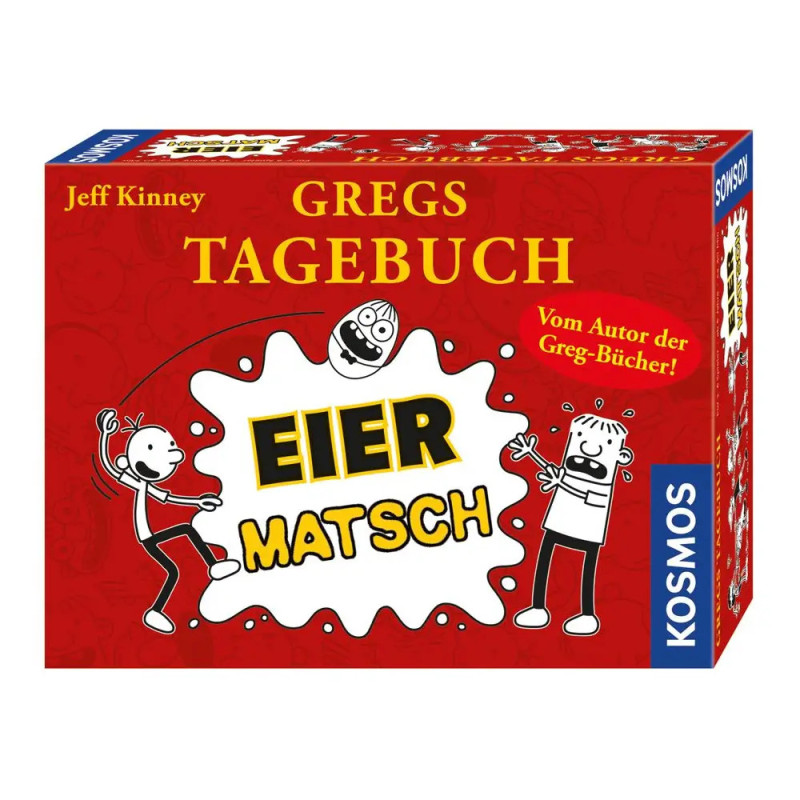 Rote Box von Gregs Tagebuch: Eier Matsch, mit Comicfiguren und gelbem Fettdruck-Titel. Rote Box von Gregs Tagebuch: Eier Matsch, mit Comicfiguren und gelbem Fettdruck-Titel.