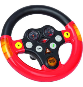 Rotes und schwarzes Spielzeuglenkrad mit Knöpfen, Drehreglern und gelben Lichtern an den Griffen.
