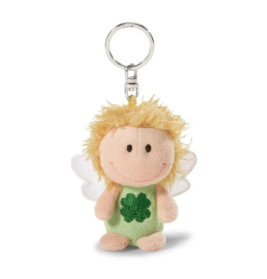 Plüsch-Engel-Schlüsselanhänger mit blonden Haaren, Flügeln und grünem vierblättrigem Kleeblatt auf der Brust.