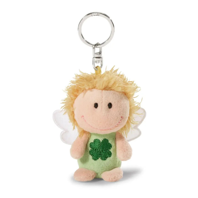 Plüsch-Engel-Schlüsselanhänger mit blonden Haaren, Flügeln und grünem vierblättrigem Kleeblatt auf der Brust.