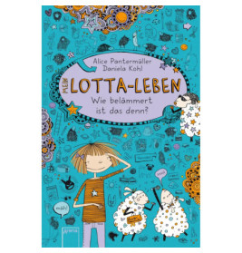 Buchcover von Mein Lotta-Leben: Ein Mädchen, ein Schaf, Kritzeleien und deutscher Text auf blauem Hintergrund.