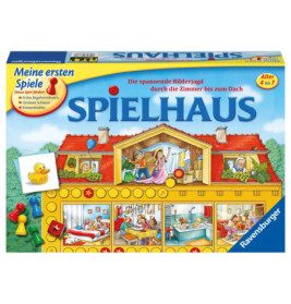 Spielhaus-Spielschachtel mit buntem Puppenhaus und spielenden Kindern für Kinder von 4-7 Jahren.