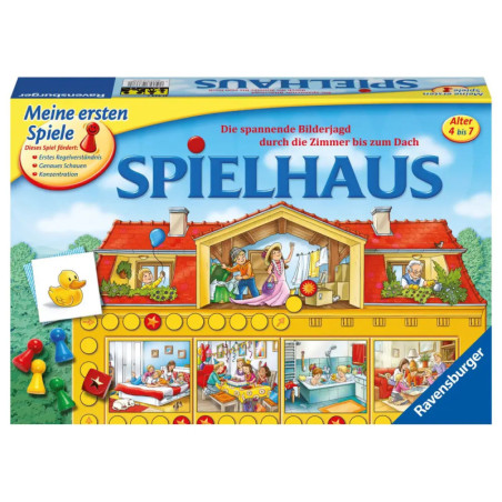 Spielhaus-Spielschachtel mit buntem Puppenhaus und spielenden Kindern für Kinder von 4-7 Jahren. Spielhaus-Spielschachtel mit buntem Puppenhaus und spielenden Kindern für Kinder von 4-7 Jahren.