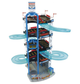 Spielzeug-Parkhaus mit mehreren Ebenen, Spiralrampen und Bosch-Service-Schildern oben und unten.