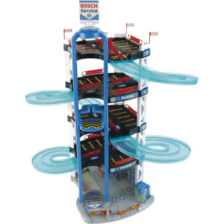 Spielzeug-Parkhaus mit mehreren Ebenen, Spiralrampen und Bosch-Service-Schildern oben und unten.