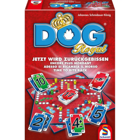 Rote Box des Brettspiels DOG Royal mit Karten, Spielfiguren und rundem Spielbrett abgebildet.