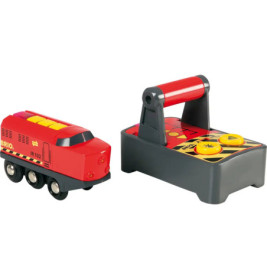 Rote Spielzeuglokomotive mit schwarzer Fernbedienung, gelben Knöpfen und rotem Griff.