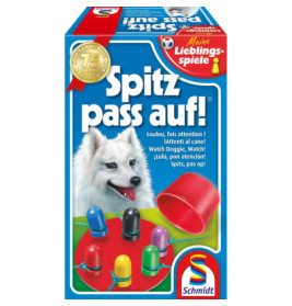 Spielbox Spitz pass auf! mit weißem Hund, bunten Bechern und darunter versteckten Bällen.