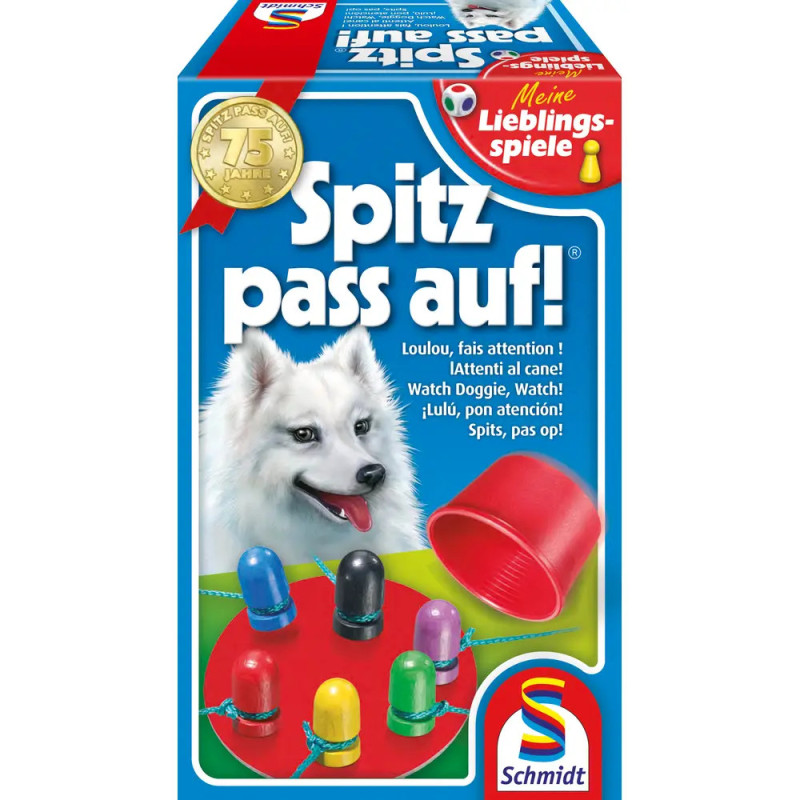 Spielbox Spitz pass auf! mit weißem Hund, bunten Bechern und darunter versteckten Bällen. Spielbox Spitz pass auf! mit weißem Hund, bunten Bechern und darunter versteckten Bällen.