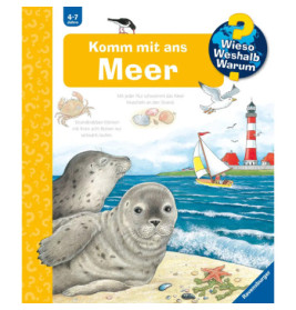 Illustration mit Seehunden, Leuchtturm, Segelboot und Muscheln deutscher Meerestext für Kinder.