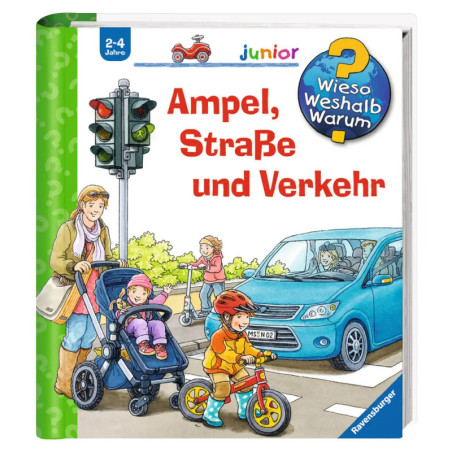 Mutter mit Kindern überquert bei Grün die Straße, Autos warten deutscher Buchtitel im Bild.