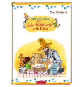 Buchcover: Ein Mann und eine Katze backen in der Küche. Titel: Eine Geburtstagstorte für die Katze.