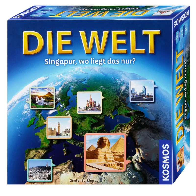 Blaue Die Welt Brettspielbox mit Weltwahrzeichen und Karte von Europa, Asien und Nordafrika. Blaue Die Welt Brettspielbox mit Weltwahrzeichen und Karte von Europa, Asien und Nordafrika.