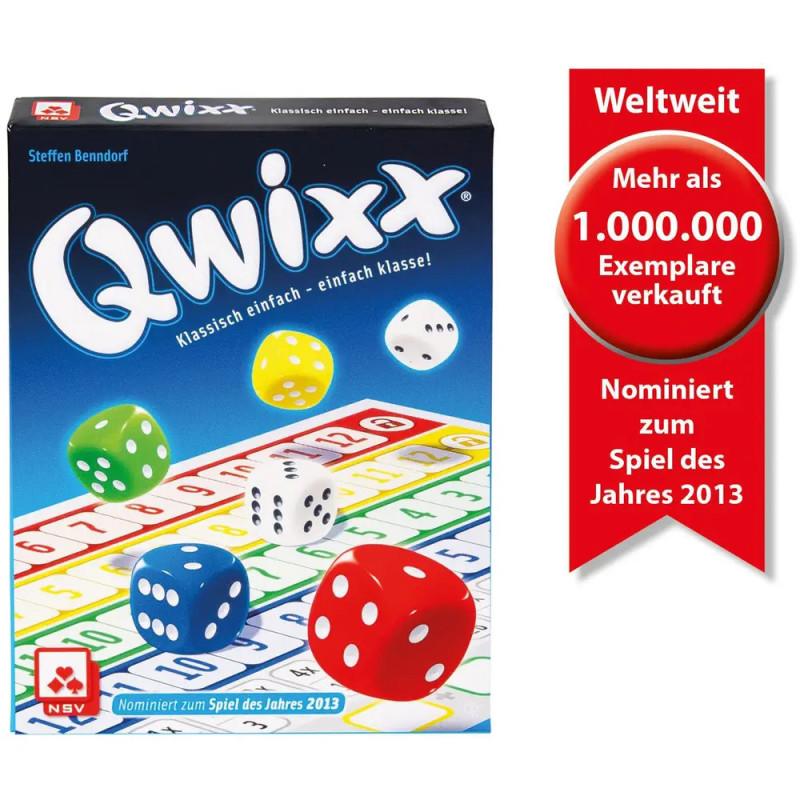 Qwixx-Spiel mit vier farbigen Würfeln und rotem Hinweis: über eine Million verkaufte Exemplare. Qwixx-Spiel mit vier farbigen Würfeln und rotem Hinweis: über eine Million verkaufte Exemplare.