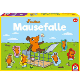 Bunte Brettspielschachtel mit Comic-Mäusen, eine sitzt in einer Falle. Titel: Mausefalle in großen Buchstaben.