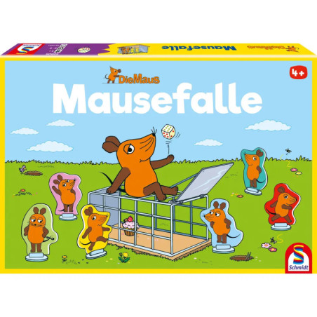 Bunte Brettspielschachtel mit Comic-Mäusen, eine sitzt in einer Falle. Titel: Mausefalle in großen Buchstaben. Bunte Brettspielschachtel mit Comic-Mäusen, eine sitzt in einer Falle. Titel: Mausefalle in großen Buchstaben.