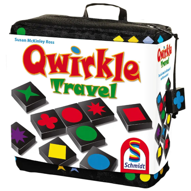 Qwirkle Travel Brettspiel-Box mit bunten Symbolen, Tragetasche und Schmidt-Logo.