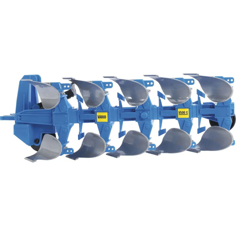 Blauer Mehrscharpflug mit sechs Scharen, zur Bodenbearbeitung am Traktor anbaubar. Blauer Mehrscharpflug mit sechs Scharen, zur Bodenbearbeitung am Traktor anbaubar.