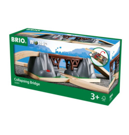 BRIO World Collapsing Bridge Spielset ab 3 Jahren, mit Holzgleisen und Felsstützen, Verpackung abgebildet.