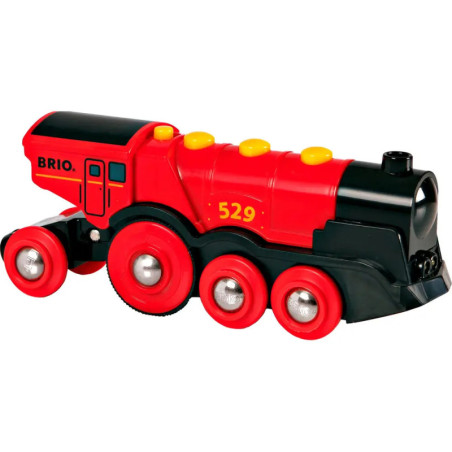 Rote und schwarze Spielzeugeisenbahn mit vier Rädern, gelben Details und der Aufschrift 529 sowie BRIO an der Seite.