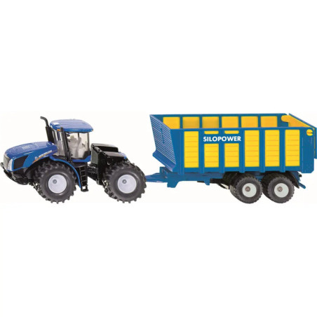 Blauer Spielzeugtraktor zieht einen gelb-blauen Anhänger mit der Aufschrift SILOPOWER.