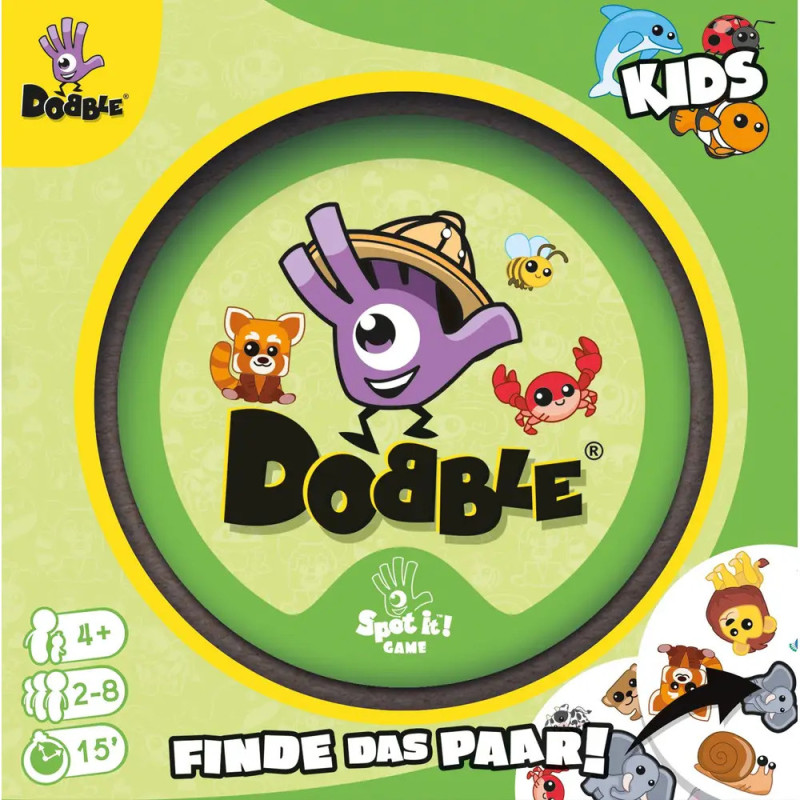 Dobble Kids Spielbox mit Tierillustrationen und dem Text Finde das Paar!. Dobble Kids Spielbox mit Tierillustrationen und dem Text Finde das Paar!.