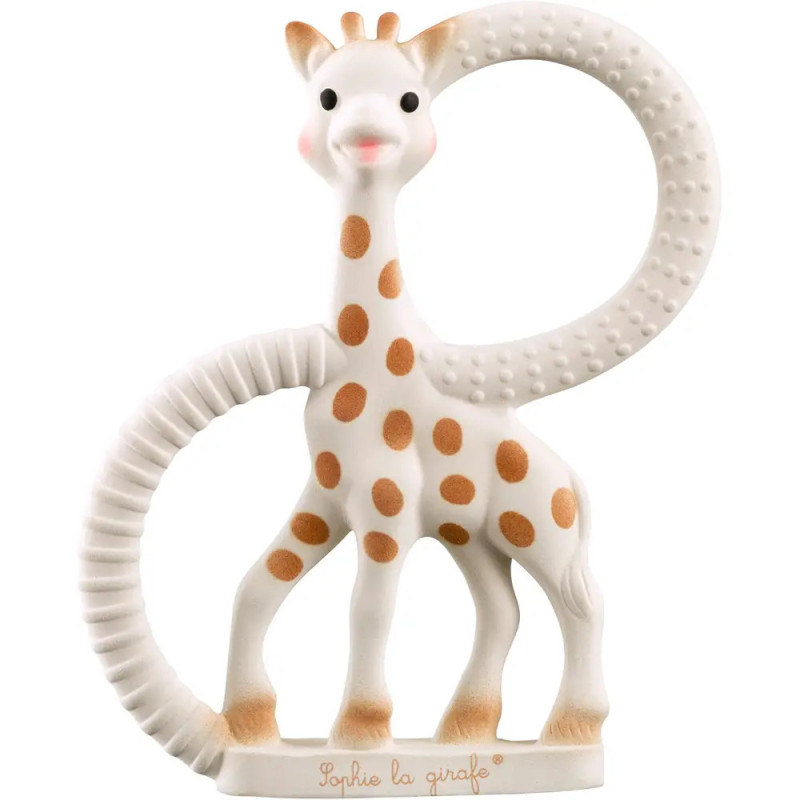 Beißspielzeug Sophie la girafe: Weiße Giraffe mit braunen Flecken und zwei strukturierten Ringen. Beißspielzeug Sophie la girafe: Weiße Giraffe mit braunen Flecken und zwei strukturierten Ringen.