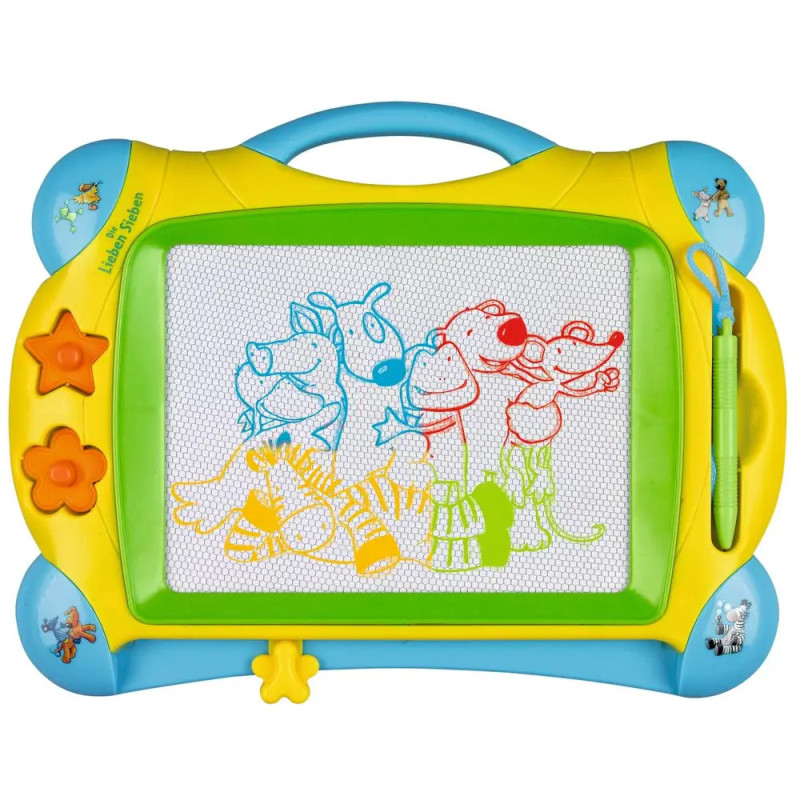 Bunte Magnet-Zeichentafel mit Tierskizzen und einem an der rechten Seite befestigten Stift. Bunte Magnet-Zeichentafel mit Tierskizzen und einem an der rechten Seite befestigten Stift.