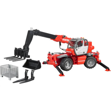 Roter Manitou-Teleskoplader als Spielzeug mit ausziehbarem Arm, Schaufel, Gabeln und Kistenzubehör vor Weiß.