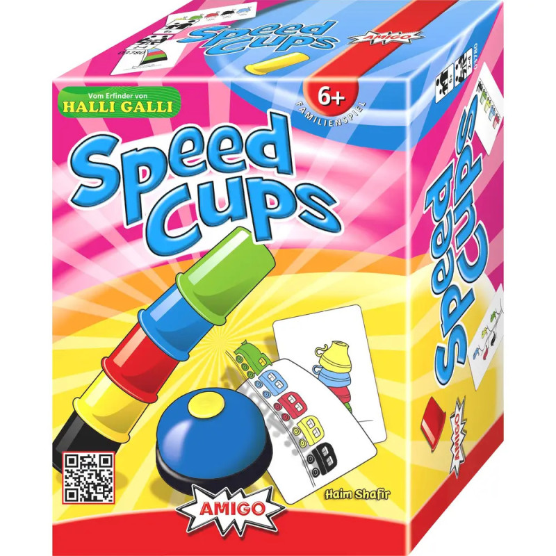 Speed Cups: Spielbox mit bunten Stapelbechern, einer Glocke und Beispielkarte mit Mustern.