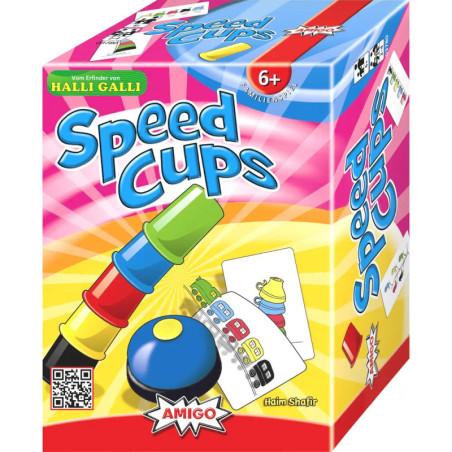 Speed Cups: Spielbox mit bunten Stapelbechern, einer Glocke und Beispielkarte mit Mustern.