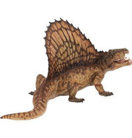 Braunes Dimetrodon-Modell mit großem, segelartigem Rückenkamm und offenem Maul.