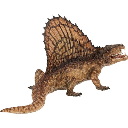 Braunes Dimetrodon-Modell mit großem, segelartigem Rückenkamm und offenem Maul. Braunes Dimetrodon-Modell mit großem, segelartigem Rückenkamm und offenem Maul.