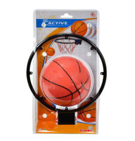 Mini-Basketballkorb-Set mit orangem Ball auf farbiger Verpackung mit Basketball-Motiven.