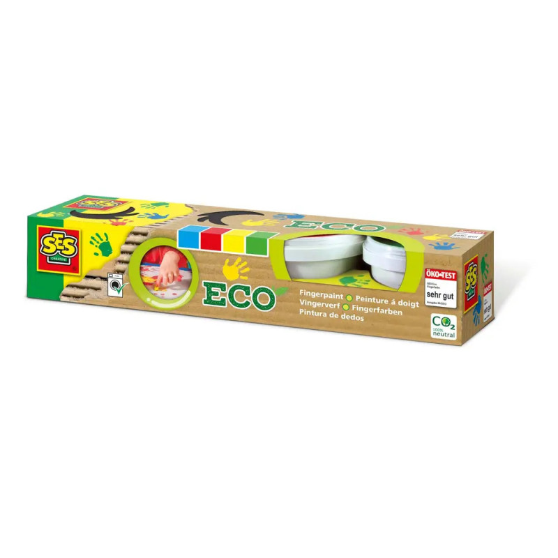 SES Eco Fingerfarben-Box mit vier Farbtöpfen und umweltfreundlichem Verpackungsdesign.