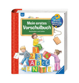 Kinder spielen mit Buchstaben- und Zahlenklötzen auf dem Cover von Mein erstes Vorschulbuch (deutsch).