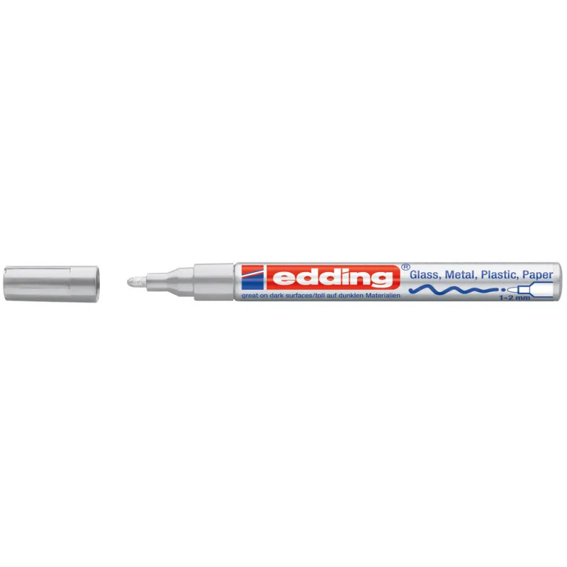 Silberner edding-Marker ohne Kappe, geeignet für Glas, Metall, Kunststoff und Papier.