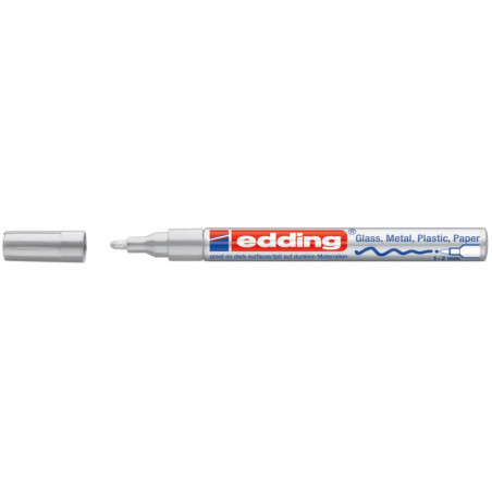 Silberner edding-Marker ohne Kappe, geeignet für Glas, Metall, Kunststoff und Papier.