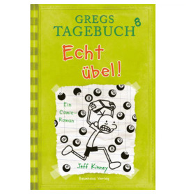 Grünes Cover von Gregs Tagebuch 8: Echt übel! zeigt Comic-Junge, der Billardkugeln ausweicht, von Jeff Kinney.