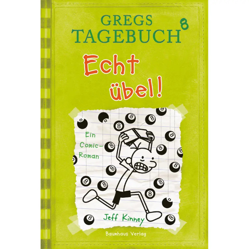 Grünes Cover von Gregs Tagebuch 8: Echt übel! zeigt Comic-Junge, der Billardkugeln ausweicht, von Jeff Kinney. Grünes Cover von Gregs Tagebuch 8: Echt übel! zeigt Comic-Junge, der Billardkugeln ausweicht, von Jeff Kinney.