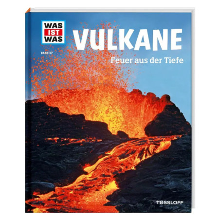 Buchcover mit eruptierendem Vulkan und heller Lava, Titel: Vulkane: Feuer aus der Tiefe. Buchcover mit eruptierendem Vulkan und heller Lava, Titel: Vulkane: Feuer aus der Tiefe.